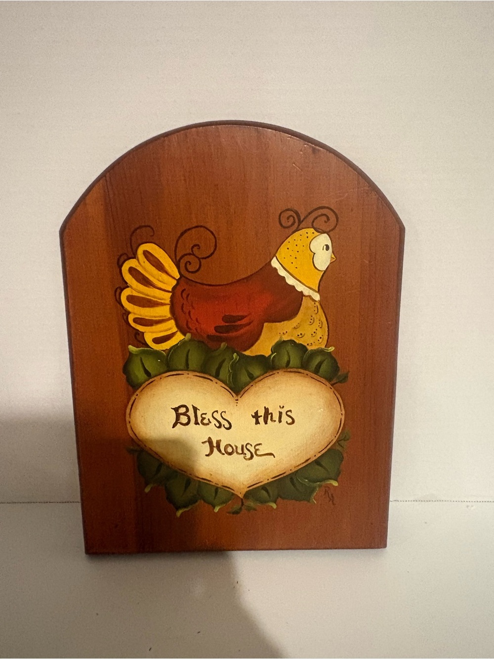Wooden 'Bless This House' Decorative Plaque with Yellow & Brown Bird